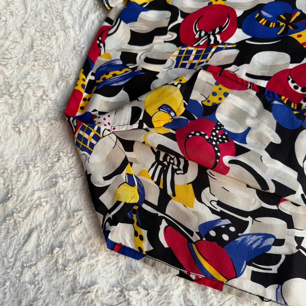 Vintage 100% silk hat print blouse Allison Taylor 80s 90s derby short sleeve S - Picture 9 of 14